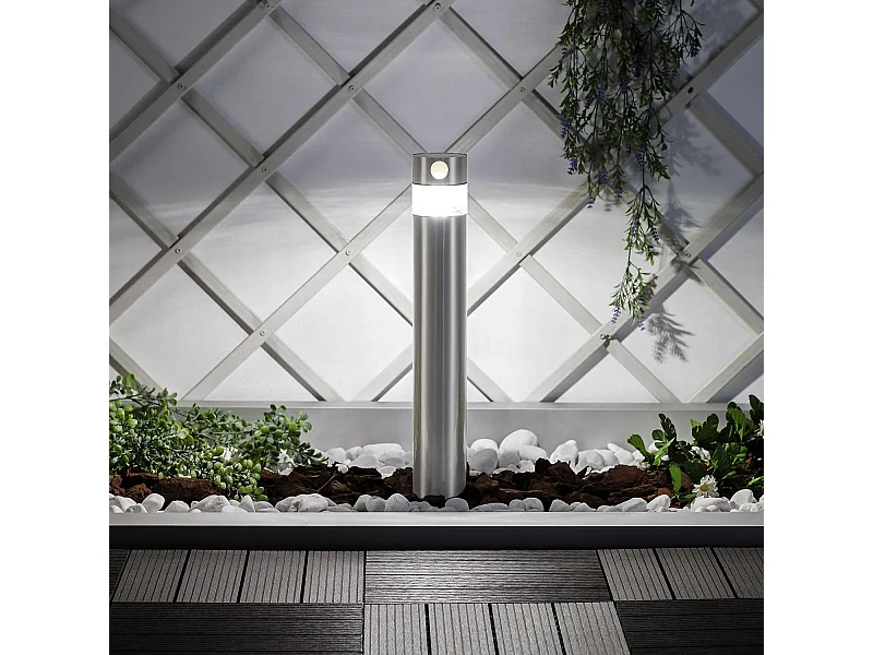 Balise Solaire LED Extérieure 1.5W en Saillie sur Pied 50cm avec Détecteur de Mouvement Inti Inox 5000K Blanc froid