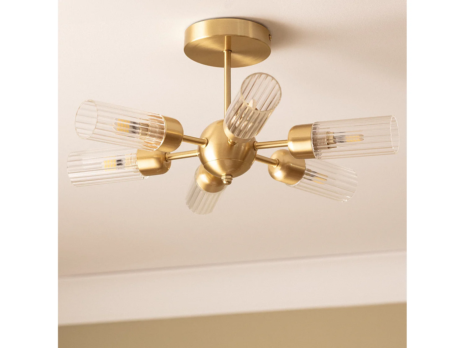 Lámpara de Techo Metal y Cristal 6 Focos Iraide Dorado