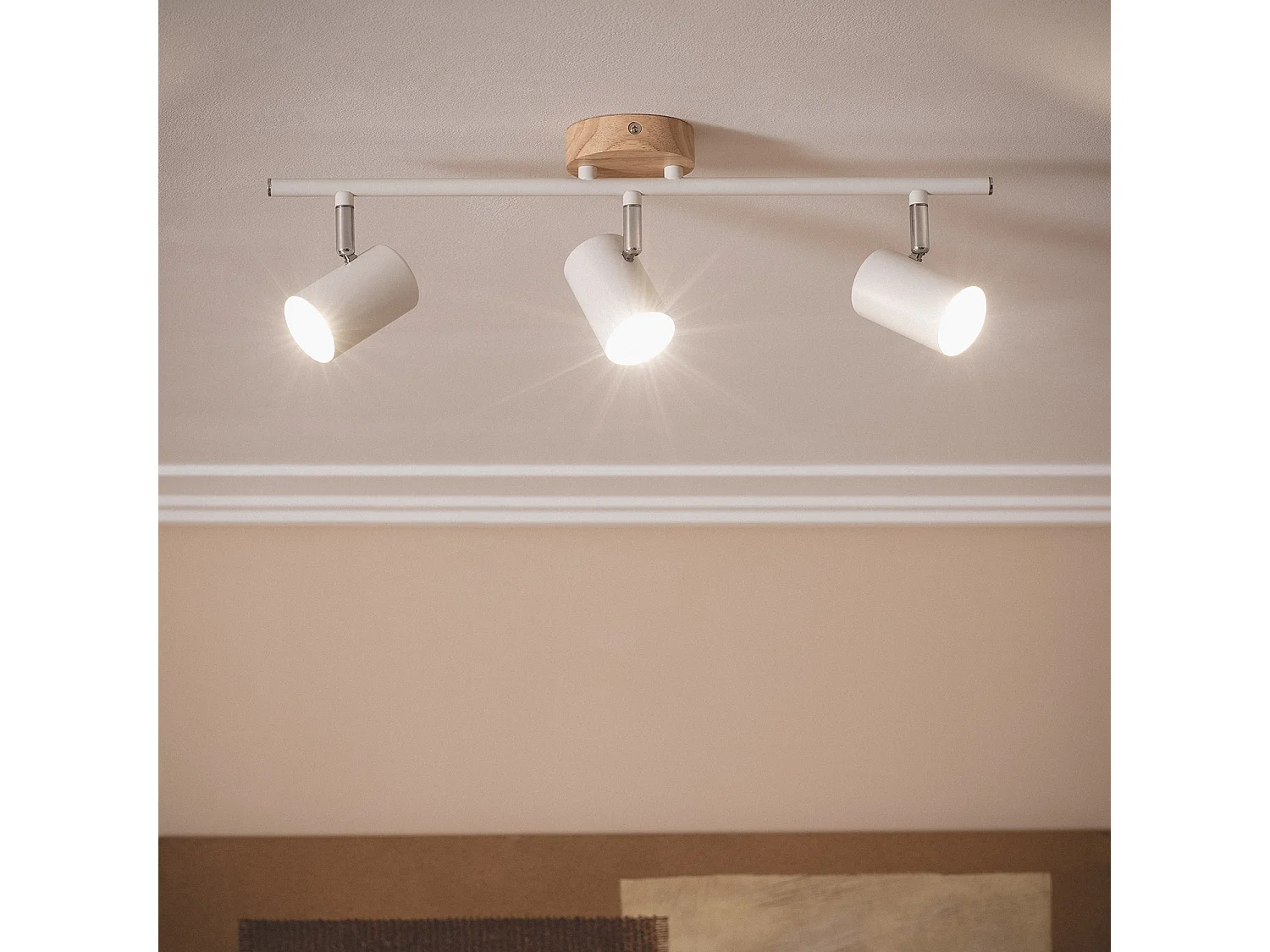 Lampada da Soffitto Orientabile Legno 3 Faretti Olmo Bianco