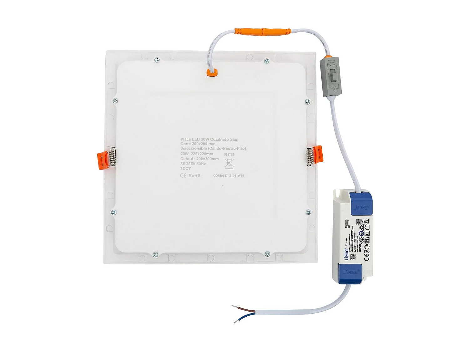 Placa LED 20W Cuadrada CCT Seleccionable Microprismático LIFUD Corte 200x200 mm No Flicker Seleccionable (Cálido-Neutro-Frío) (2700K - 4000K - 5000K)