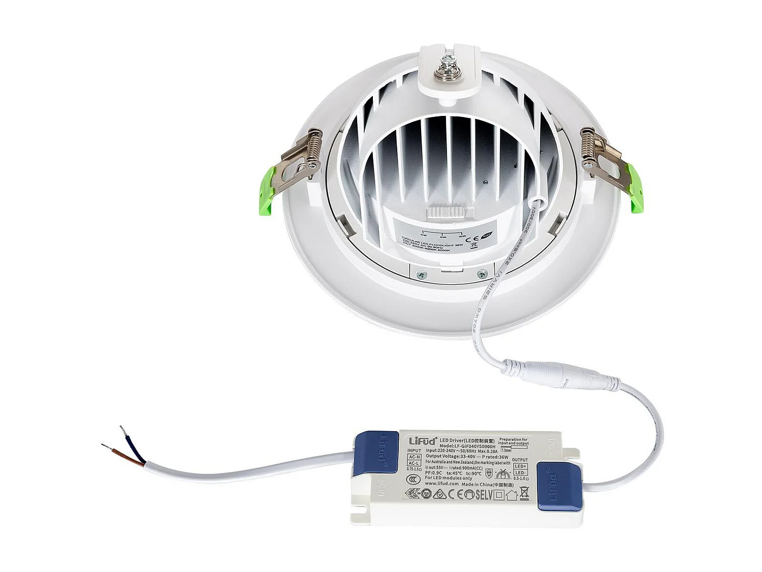 Downlight LED 38W Rond Orientable  CCT 120 lm/W LIFUD Coupe Ø 170 mm Sélectionnable (chaud-neutre) No Flicker