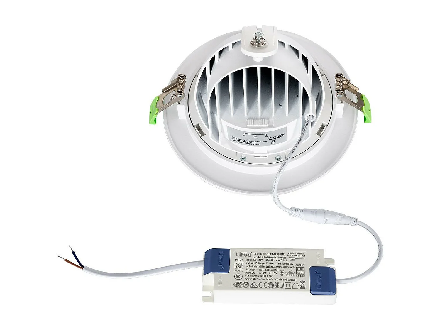 Downlight LED 38W Rond Orientable  CCT 120 lm/W LIFUD Coupe Ø 170 mm Sélectionnable (chaud-neutre) No Flicker