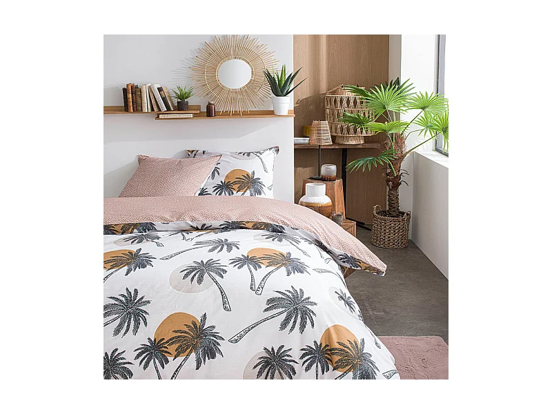Parure de lit double en coton "Sunshine" imprimé de plamiers - Blanc/Rose - 240 x 260 cm