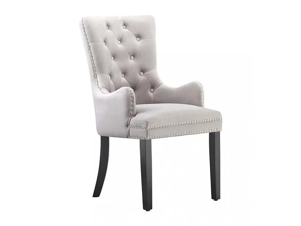 Windsor - Chaise Capitonnée en Velours - Avec Accoudoirs - Pieds en Bois - Gris Clair