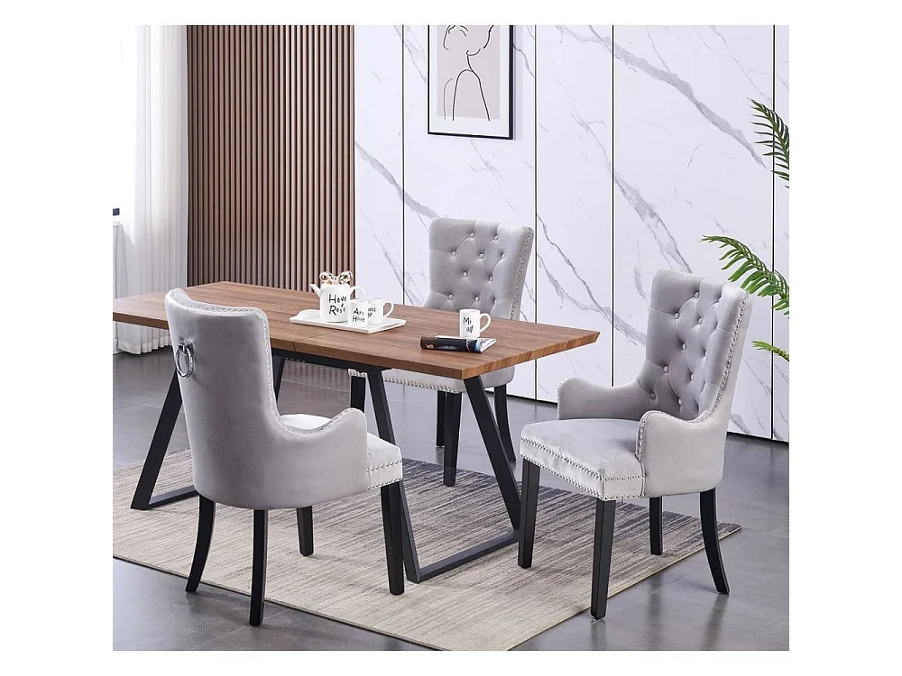 Windsor - Chaise Capitonnée en Velours - Avec Accoudoirs - Pieds en Bois - Gris Clair