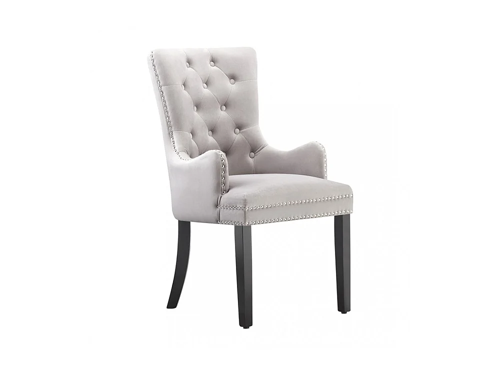 Windsor - Chaise Capitonnée en Velours - Avec Accoudoirs - Pieds en Bois - Gris Clair