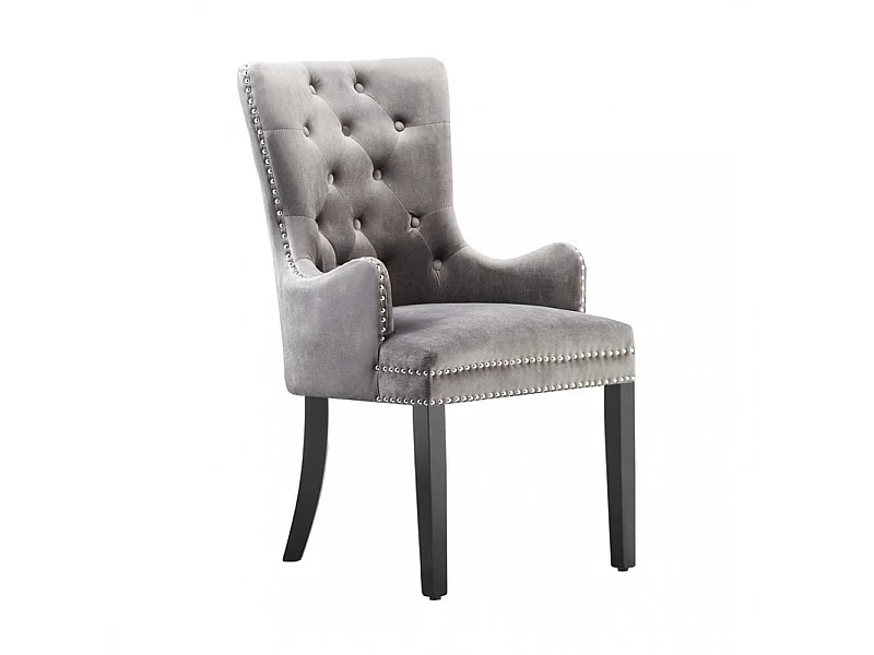 Windsor - Chaise Capitonnée en Velours - Avec Accoudoirs - Pieds en Bois - Gris Foncé