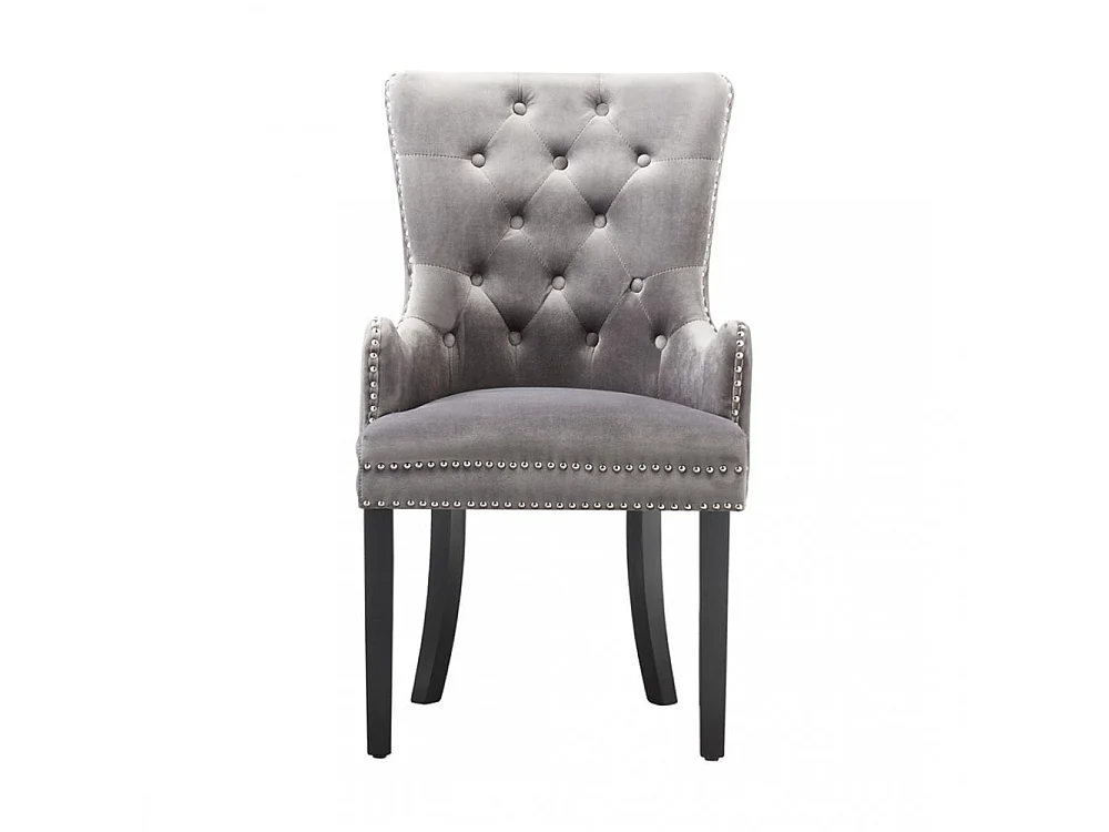 Windsor - Chaise Capitonnée en Velours - Avec Accoudoirs - Pieds en Bois - Gris Foncé