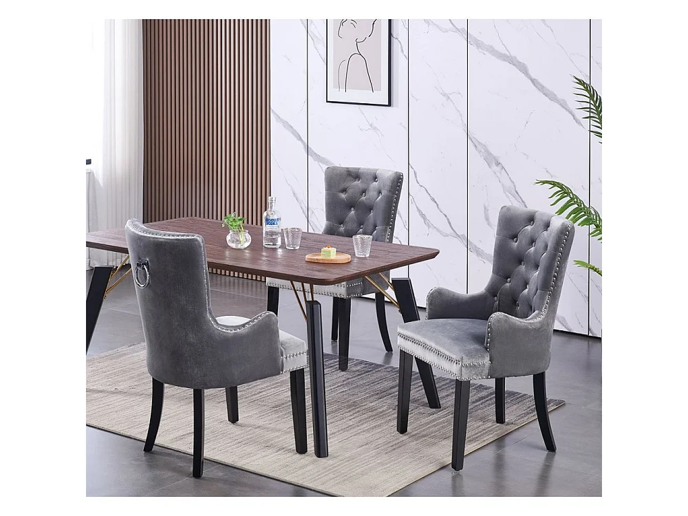 Windsor - Chaise Capitonnée en Velours - Avec Accoudoirs - Pieds en Bois - Gris Foncé