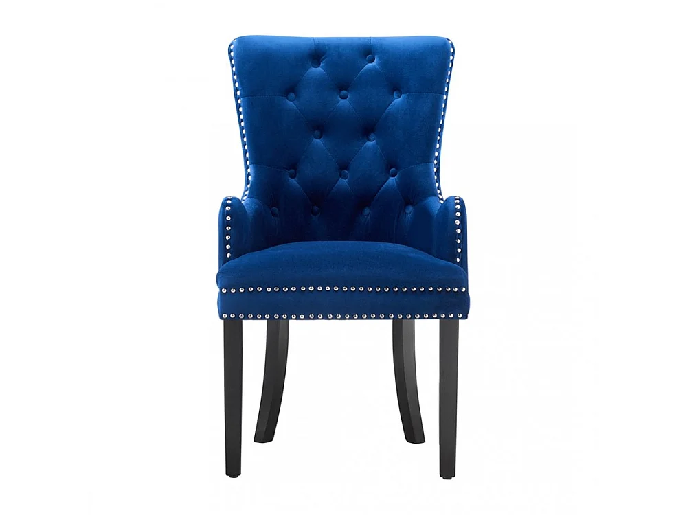 Windsor - Chaise Capitonnée en Velours - Avec Accoudoirs - Pieds en Bois - Bleu