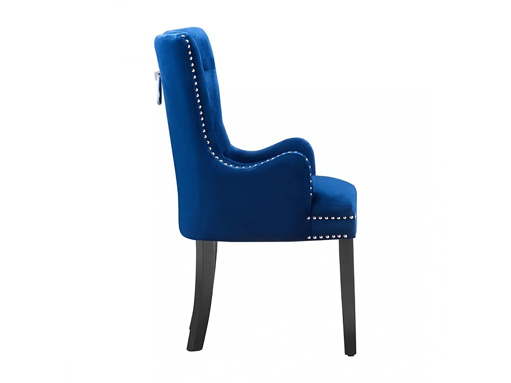 Windsor - Chaise Capitonnée en Velours - Avec Accoudoirs - Pieds en Bois - Bleu