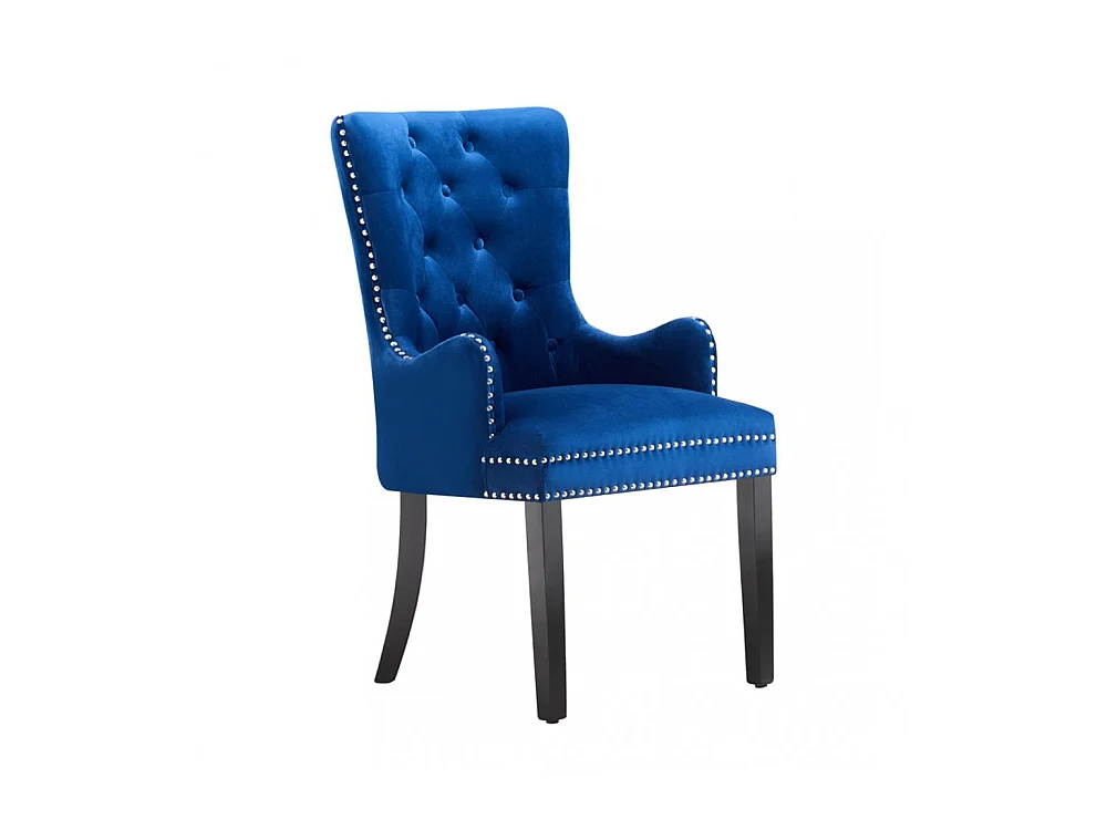 Windsor - Chaise Capitonnée en Velours - Avec Accoudoirs - Pieds en Bois - Bleu
