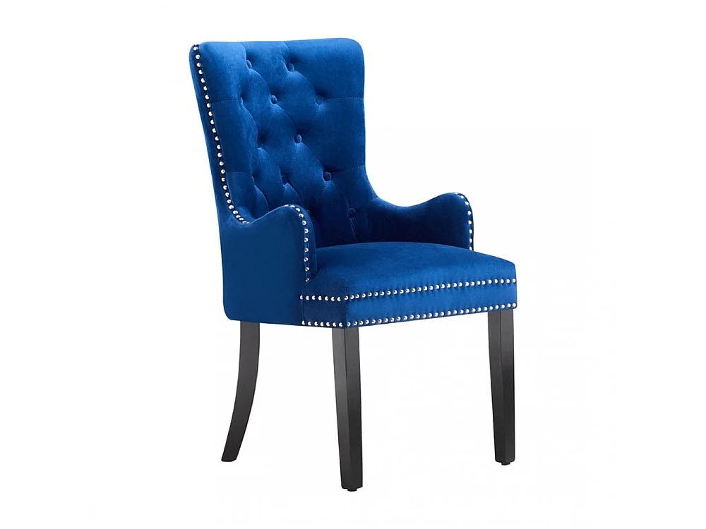 Windsor - Chaise Capitonnée en Velours - Avec Accoudoirs - Pieds en Bois - Bleu