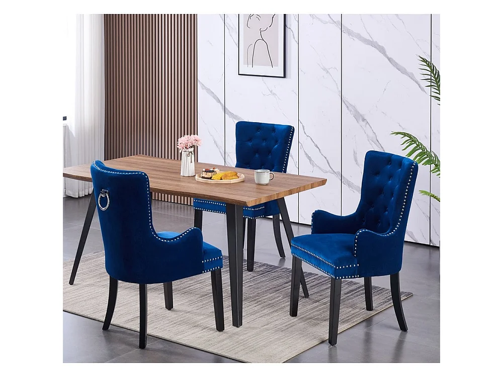 Windsor - Chaise Capitonnée en Velours - Avec Accoudoirs - Pieds en Bois - Bleu