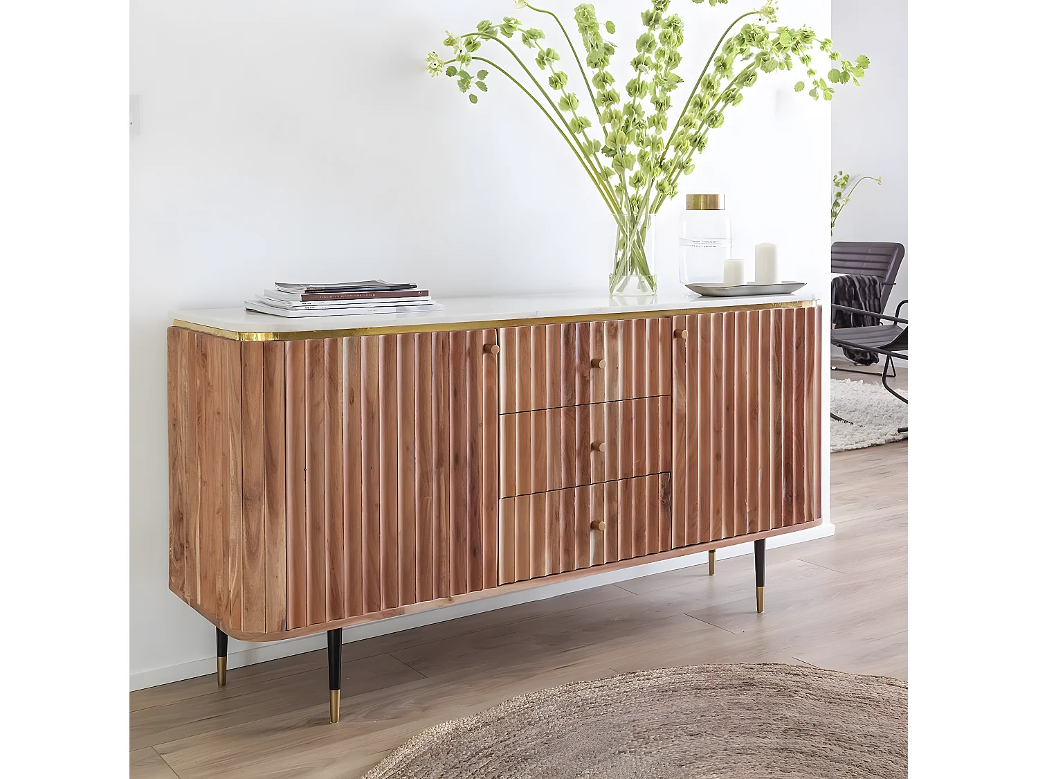 Buffet en bois d'acacia et marbre blanc Judith