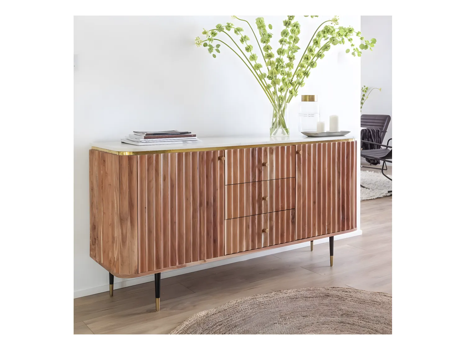 Aparador en madera de acacia y mármol blanco Judith