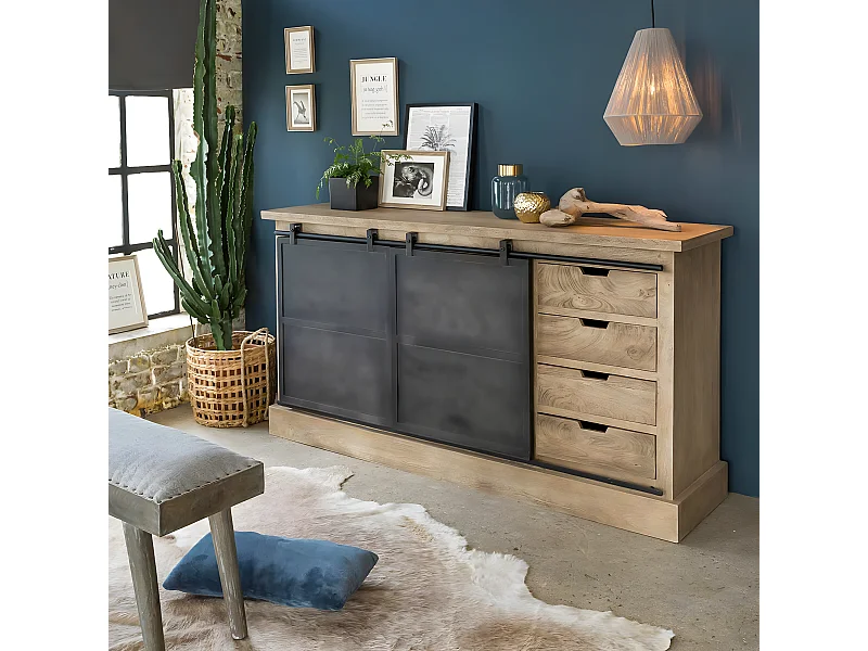 Buffet industrial de madera de mango cepillado y metal gris oscuro Helsinki con 4 cajones y 2 puertas correderas