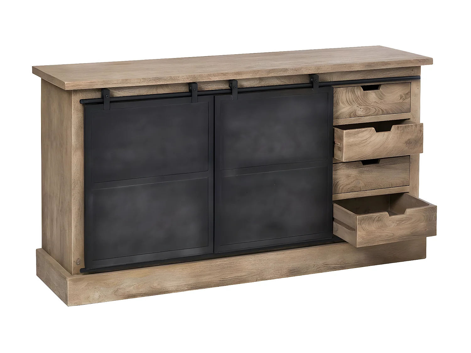 Buffet en bois de manguier brossé et métal gris foncé 4 tiroirs Helsinki