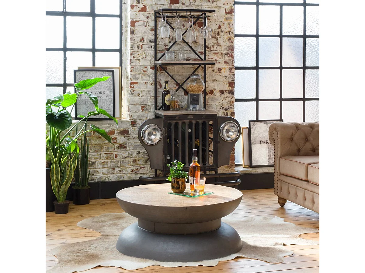 Mesa de centro industrial redonda de madera de mango y metal gris con almacenamiento