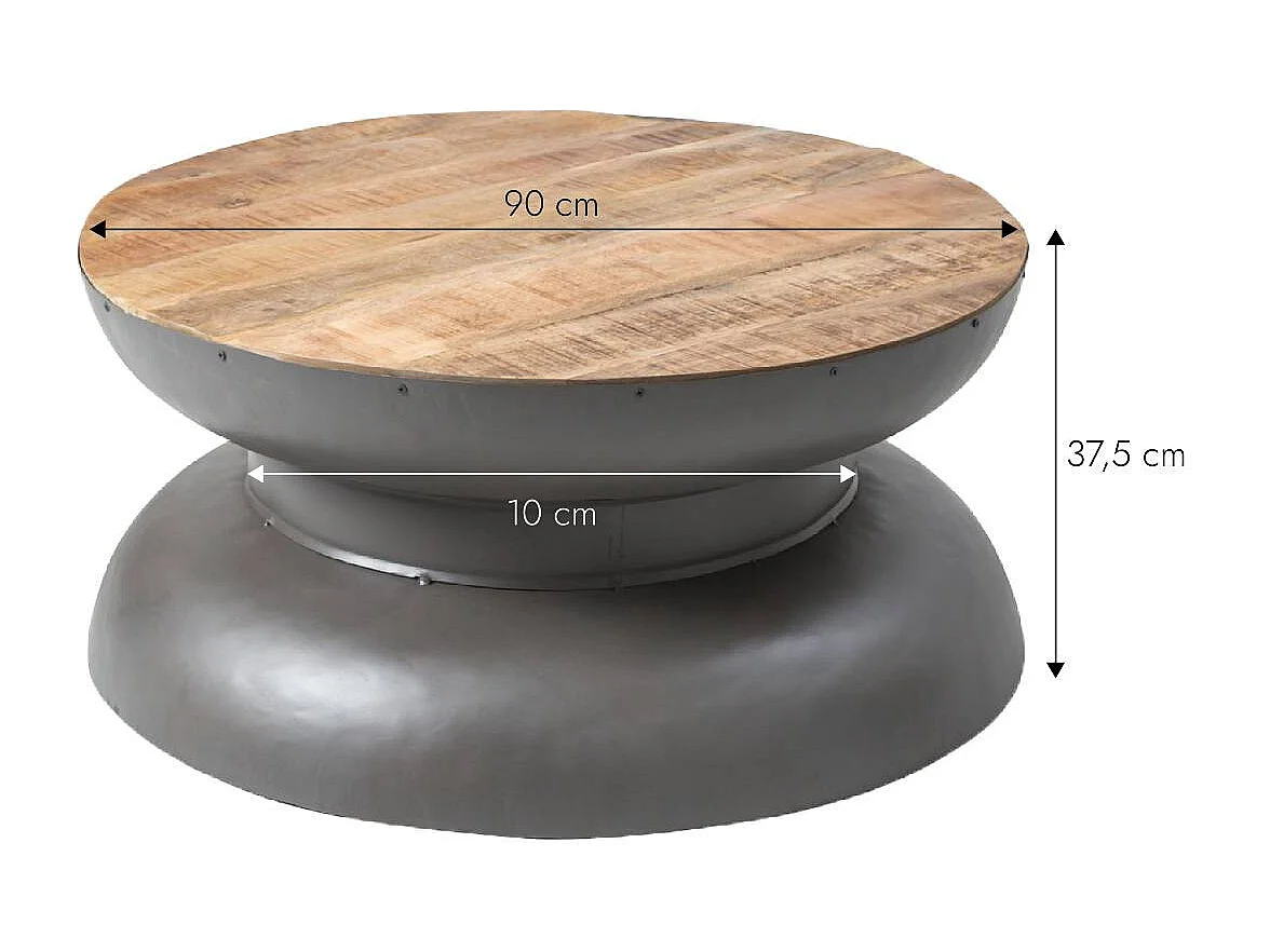 Mesa de centro industrial redonda de madera de mango y metal gris con almacenamiento