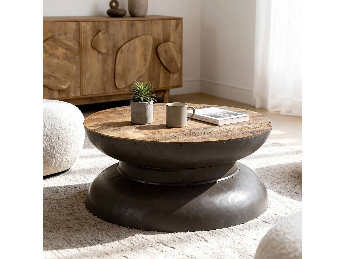 Mesa de centro industrial redonda de madera de mango y metal gris con almacenamiento