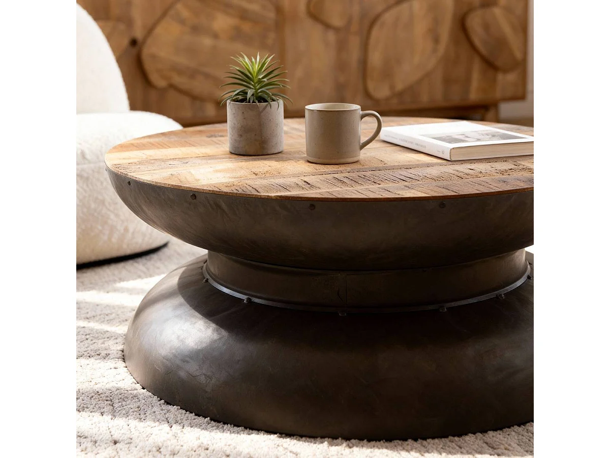 Mesa de centro industrial redonda de madera de mango y metal gris con almacenamiento