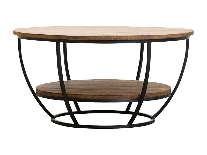 Mesa de centro industrial de madera de mango Rita con almacenamiento redondo de metal negro