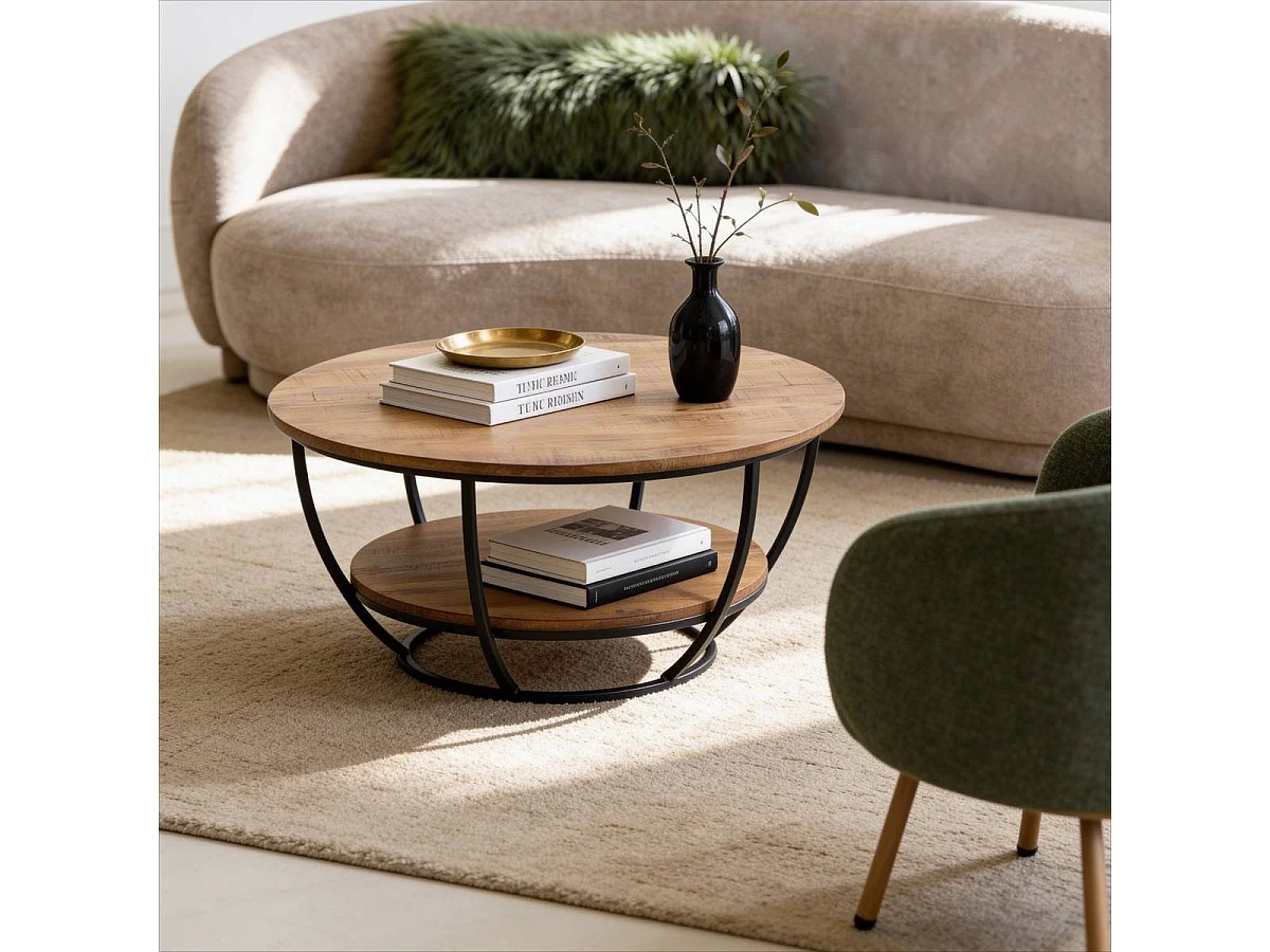 Mesa de centro industrial de madera de mango Rita con almacenamiento redondo de metal negro