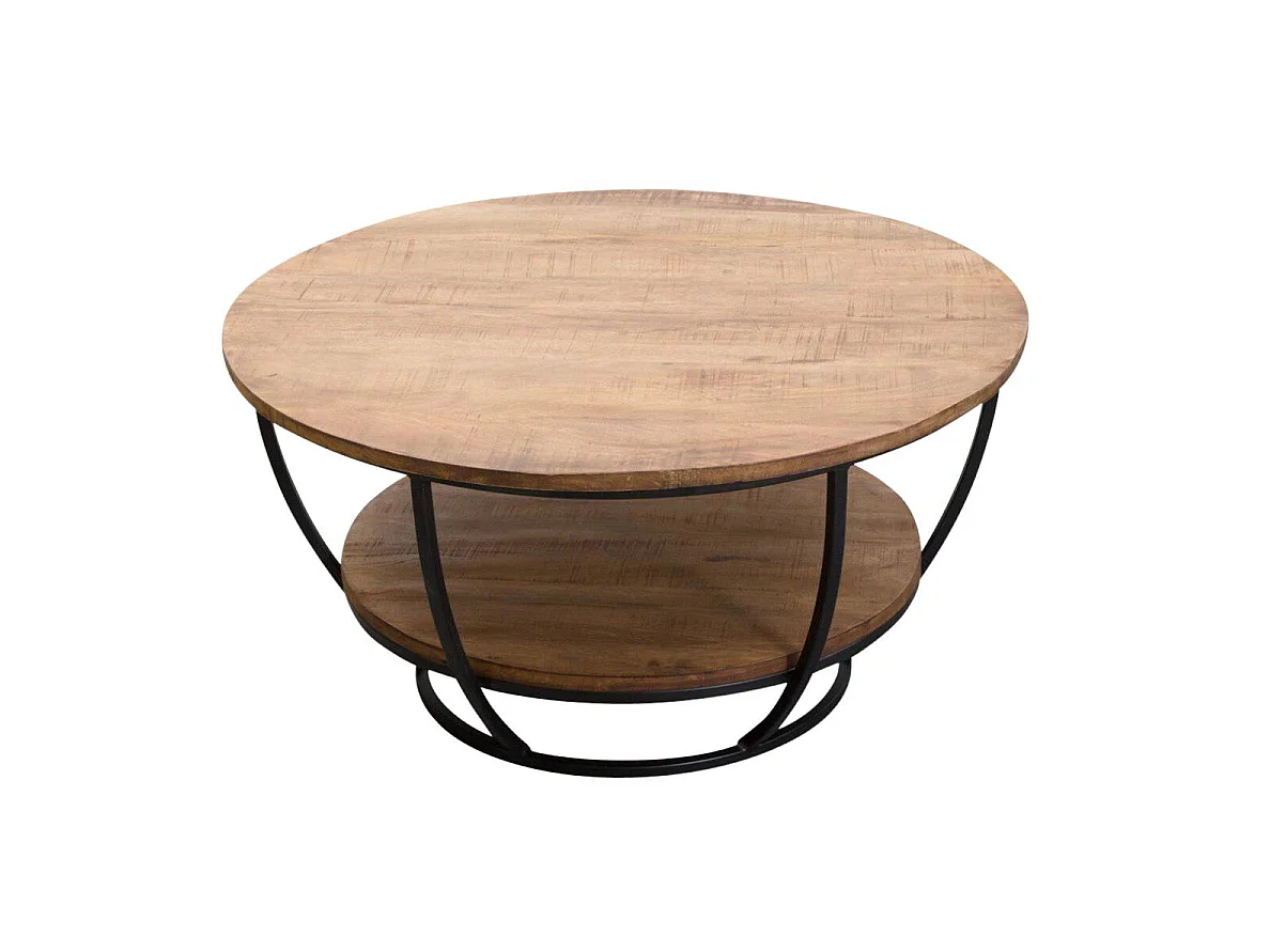 Mesa de centro industrial de madera de mango Rita con almacenamiento redondo de metal negro