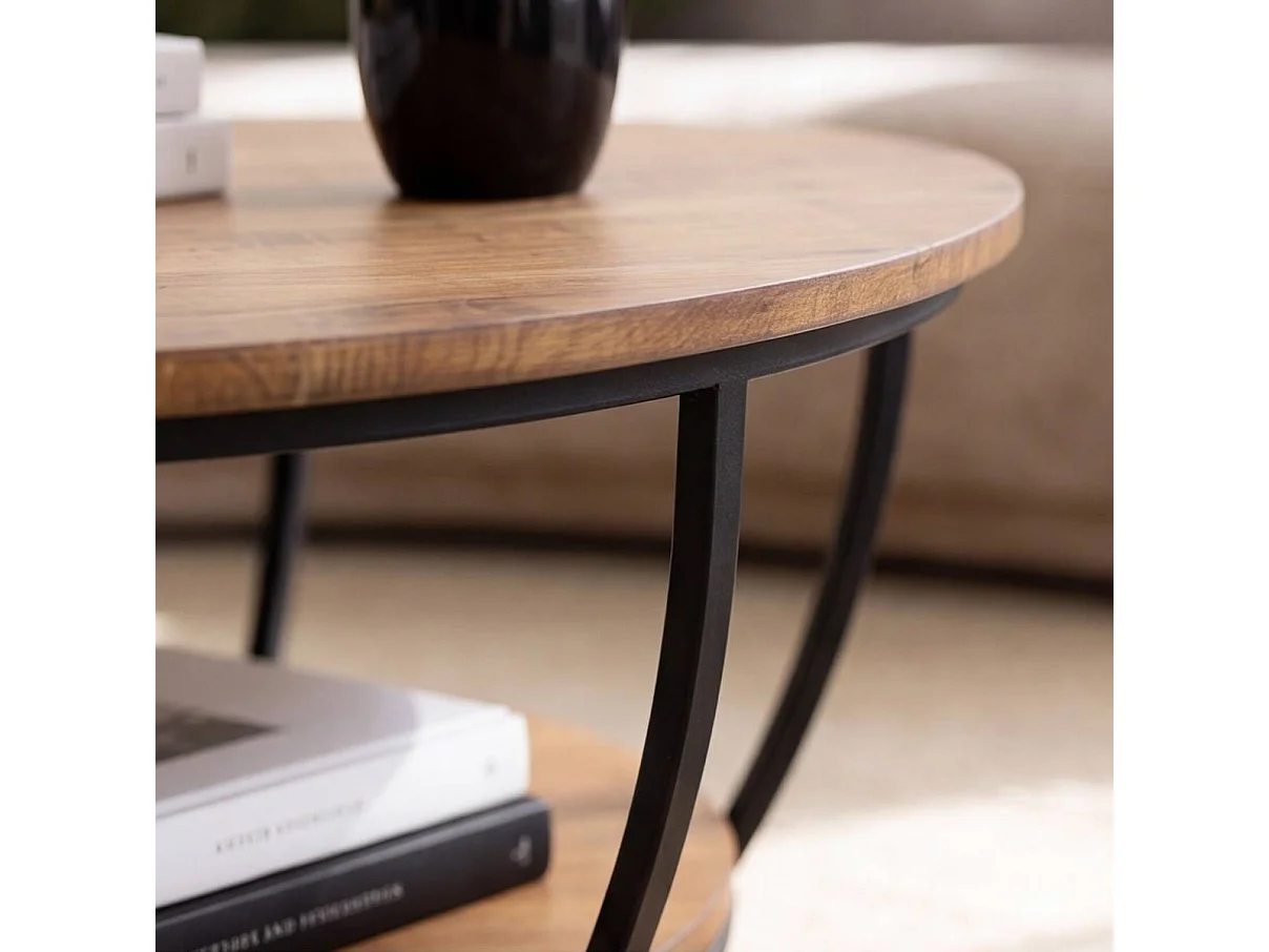Mesa de centro industrial de madera de mango Rita con almacenamiento redondo de metal negro
