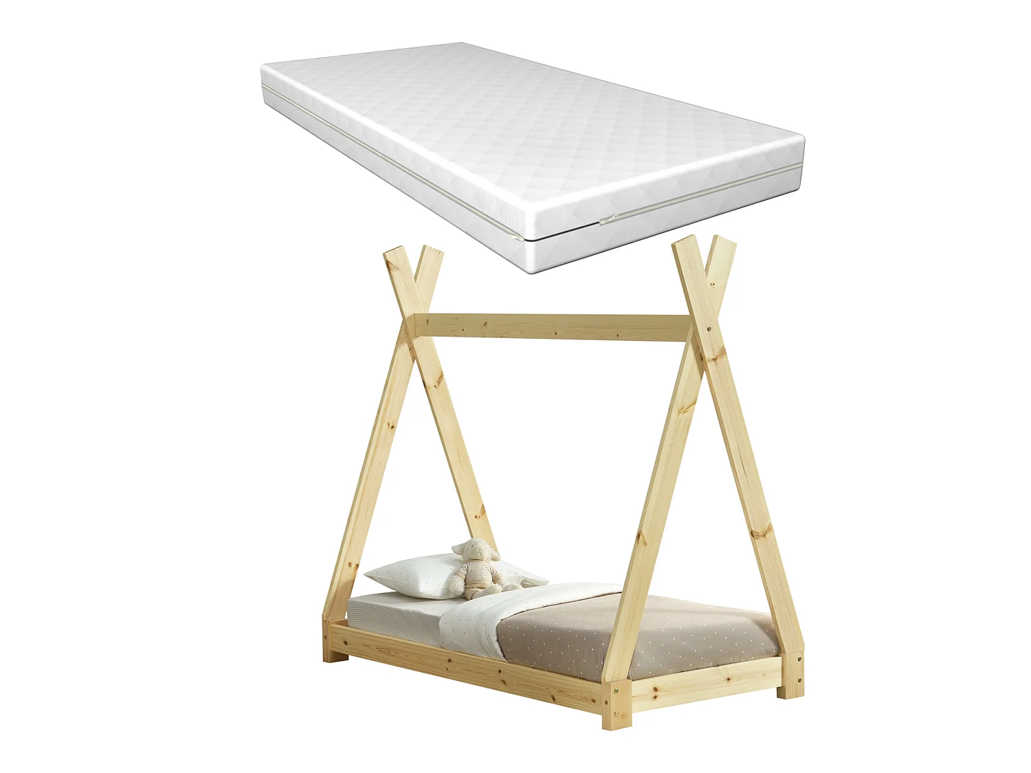 Lit Tipi Pour Enfants Avec Matelas Orthopédique Onejda Bois Naturel 70 X 140 Cm
