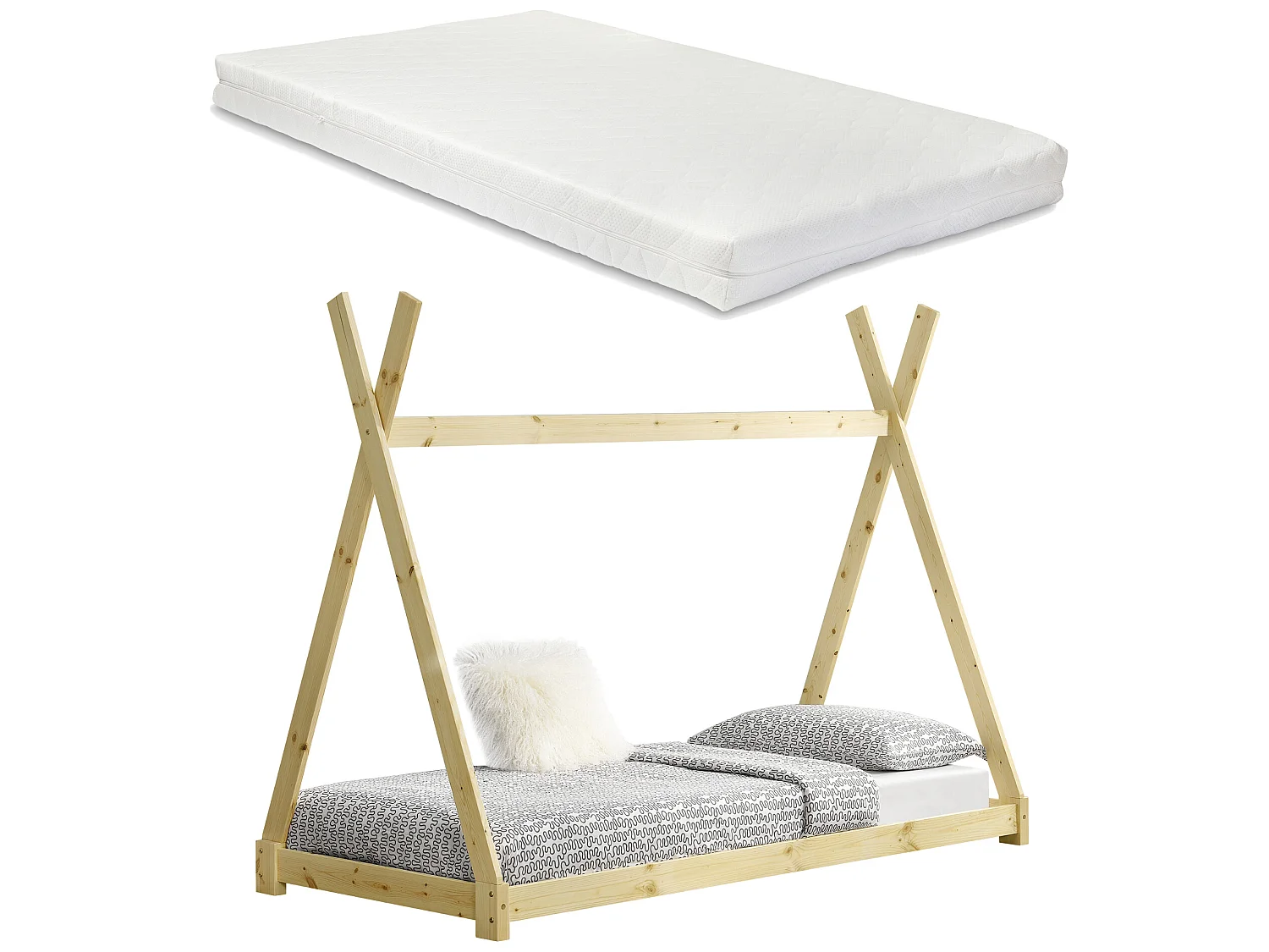 Lit Tipi Pour Enfants Avec Matelas Mousse À Froid Onejda Bois Naturel 200 X 90 Cm