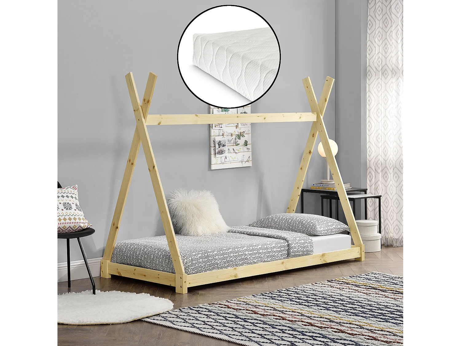 Lit Tipi Pour Enfants Avec Matelas Mousse À Froid Onejda Bois Naturel 200 X 90 Cm