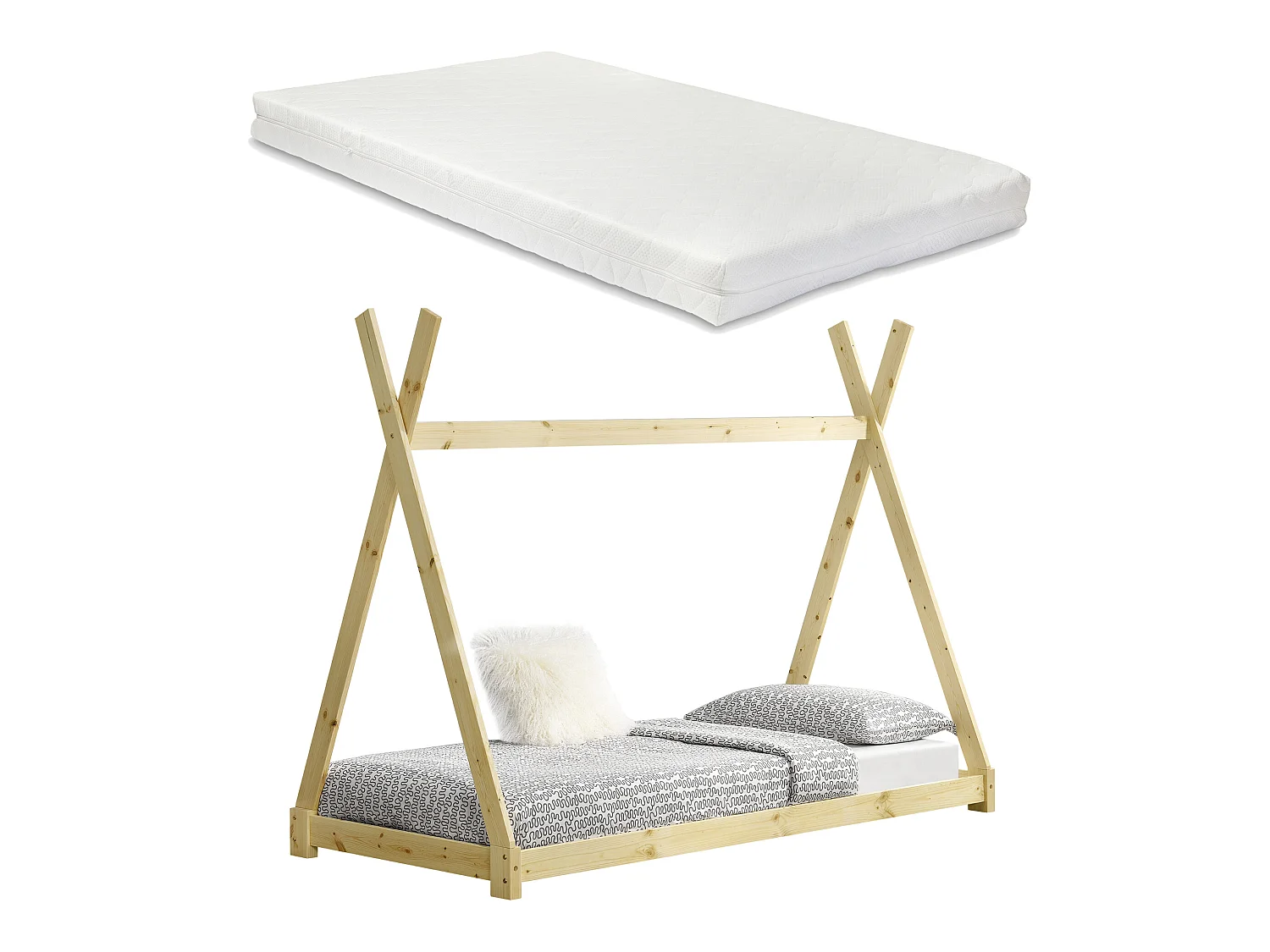 Lit Tipi Pour Enfants Avec Matelas Mousse À Froid Onejda Bois Naturel 200 X 90 Cm