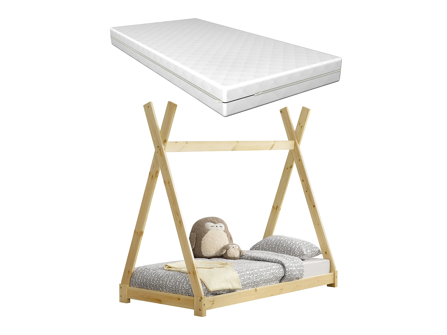 Lit Tipi Pour Enfants Avec Matelas Orthopédique Onejda Bois Naturel 80 X 160 Cm