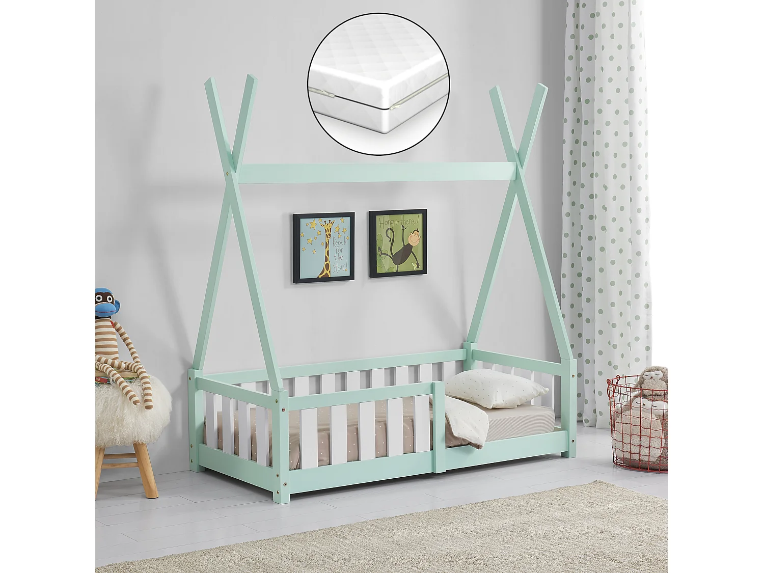 Lit Tipi Avec Matelas Orthopédique Helsingborg Menthe 140 X 70 Cm [en.casa]