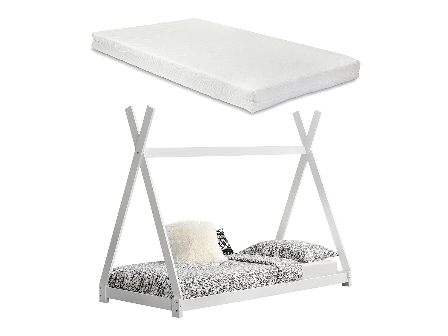 Lit Tipi Pour Enfants Avec Matelas Mousse À Froid Onejda Blanc 200 X 90 Cm