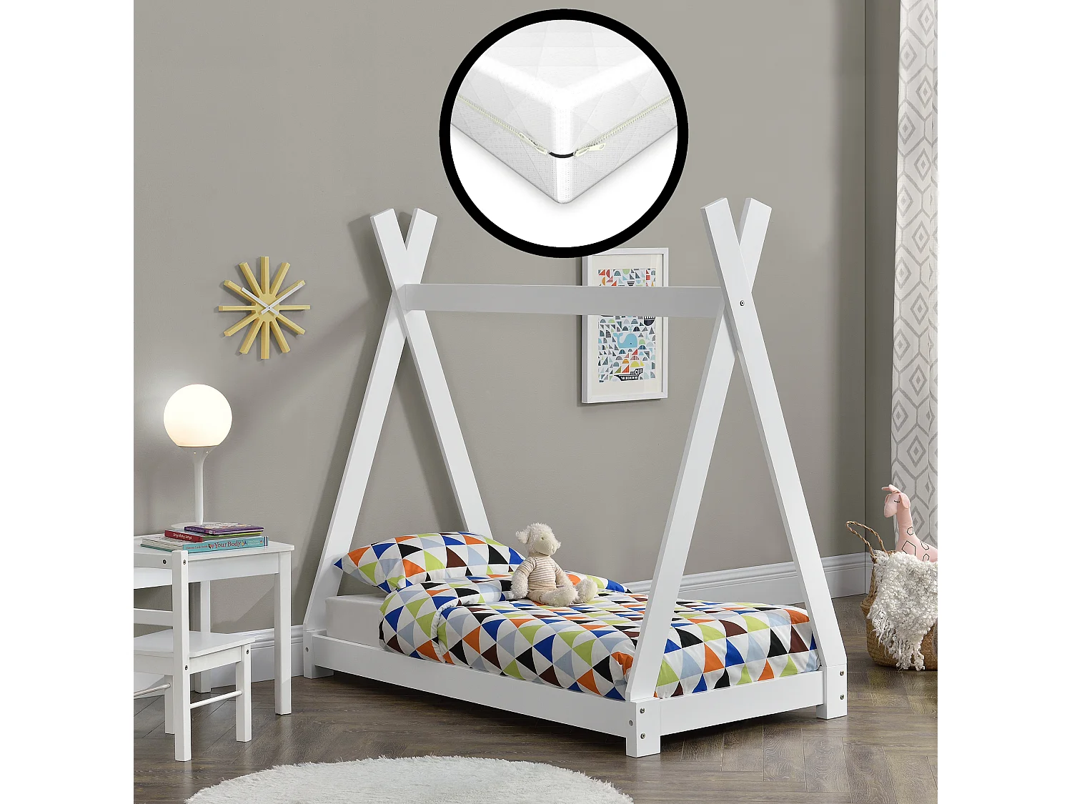 Lit Tipi Pour Enfants Avec Matelas Orthopédique Onejda Blanc 70 X 140 Cm