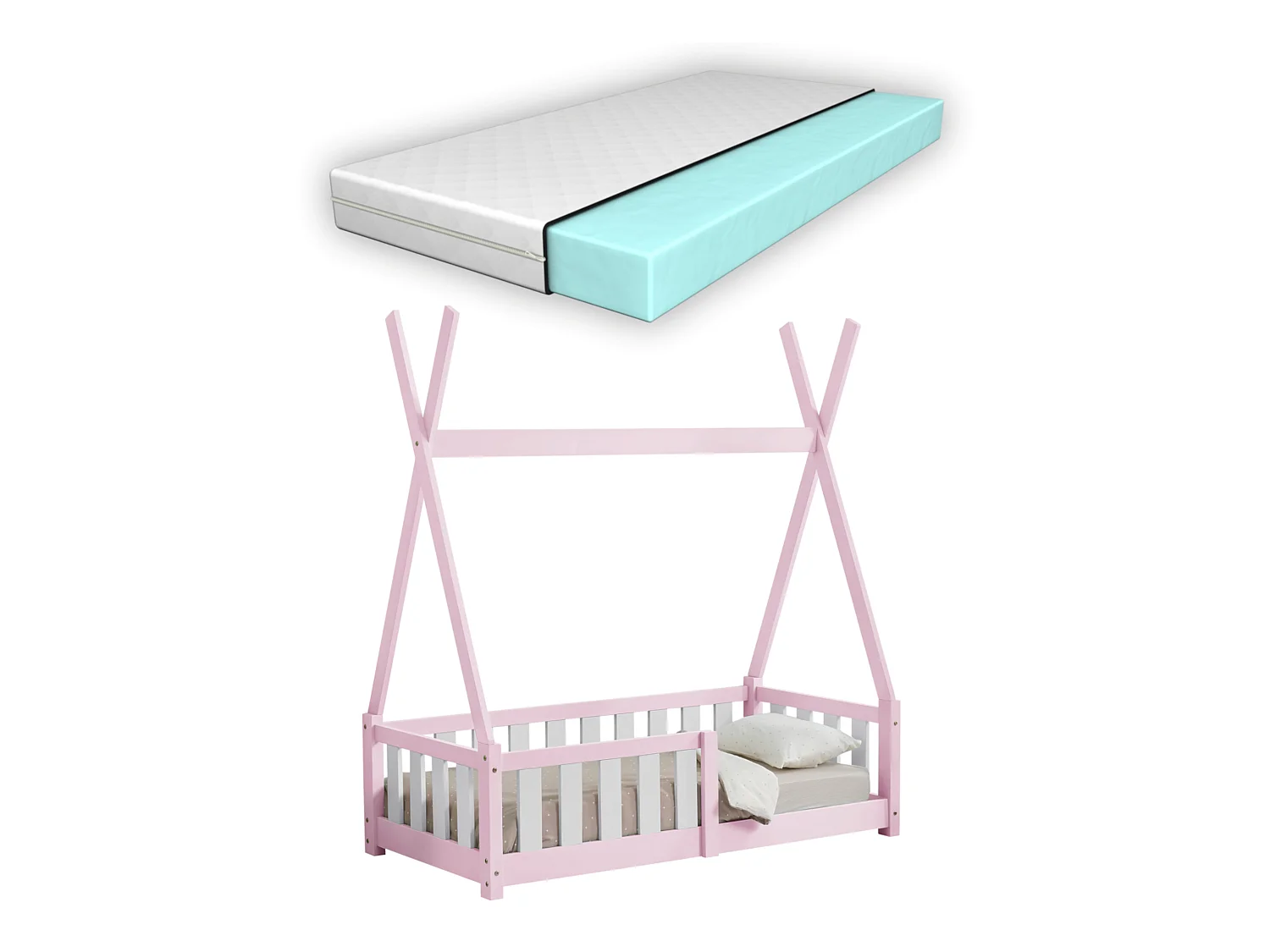 Lit Tipi Avec Matelas Orthopédique Helsingborg Rose 140 X 70 Cm [en.casa]