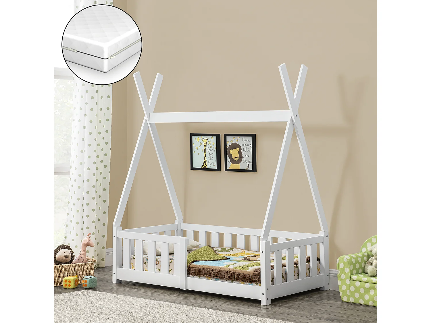 Lit Tipi Avec Matelas Orthopédique Helsingborg Blanc 140 X 70 Cm [en.casa]