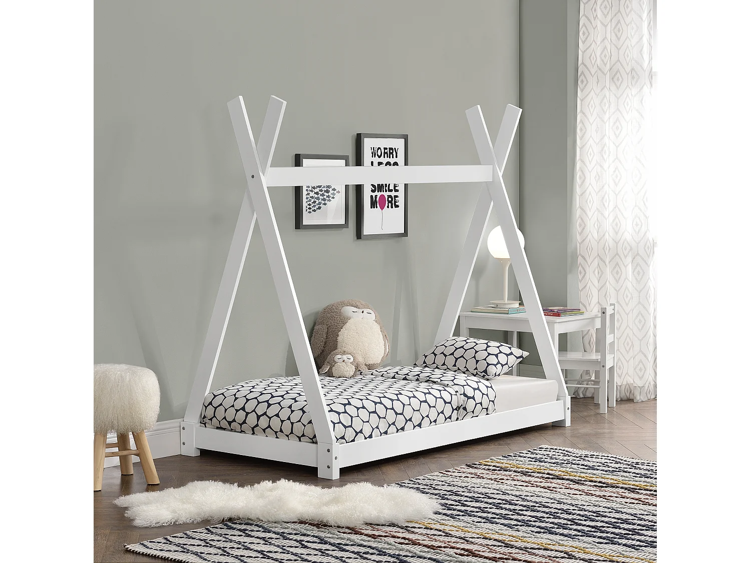 Lit Tipi Pour Enfants Avec Matelas Orthopédique Onejda Blanc 80 X 160 Cm