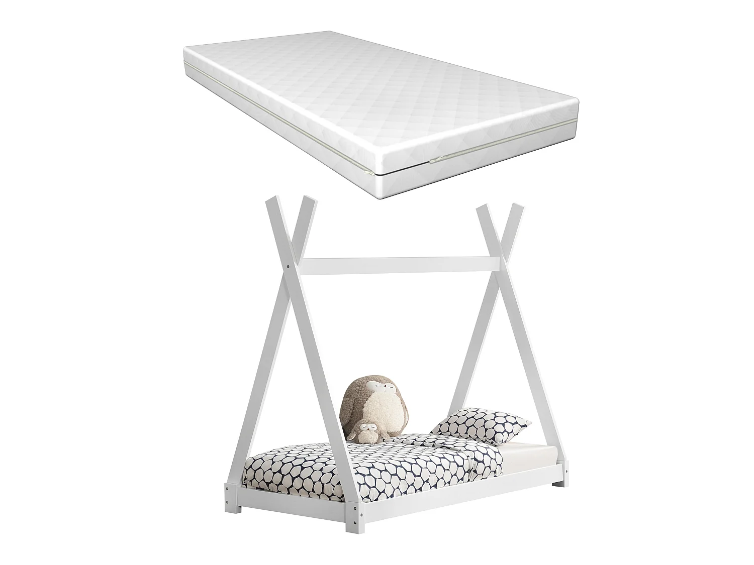 Lit Tipi Pour Enfants Avec Matelas Orthopédique Onejda Blanc 80 X 160 Cm