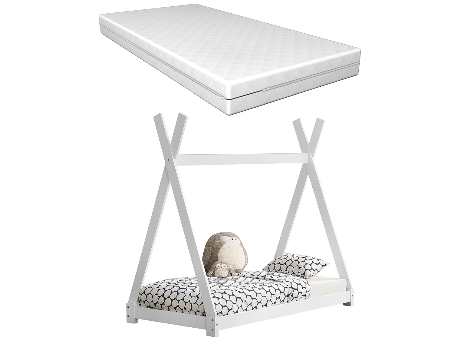 Lit Tipi Pour Enfants Avec Matelas Orthopédique Onejda Blanc 80 X 160 Cm