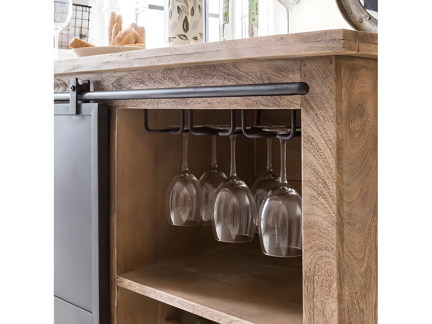 Meuble bar en bois de manguier brossé et métal Helsinki