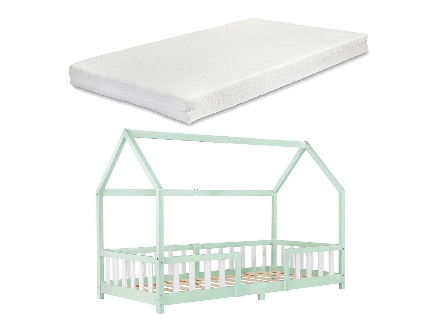 Lit enfant Forme Maison Sisimiut Avec Matelas À Mousse À Froid 200X90Cm Menthe Blanc