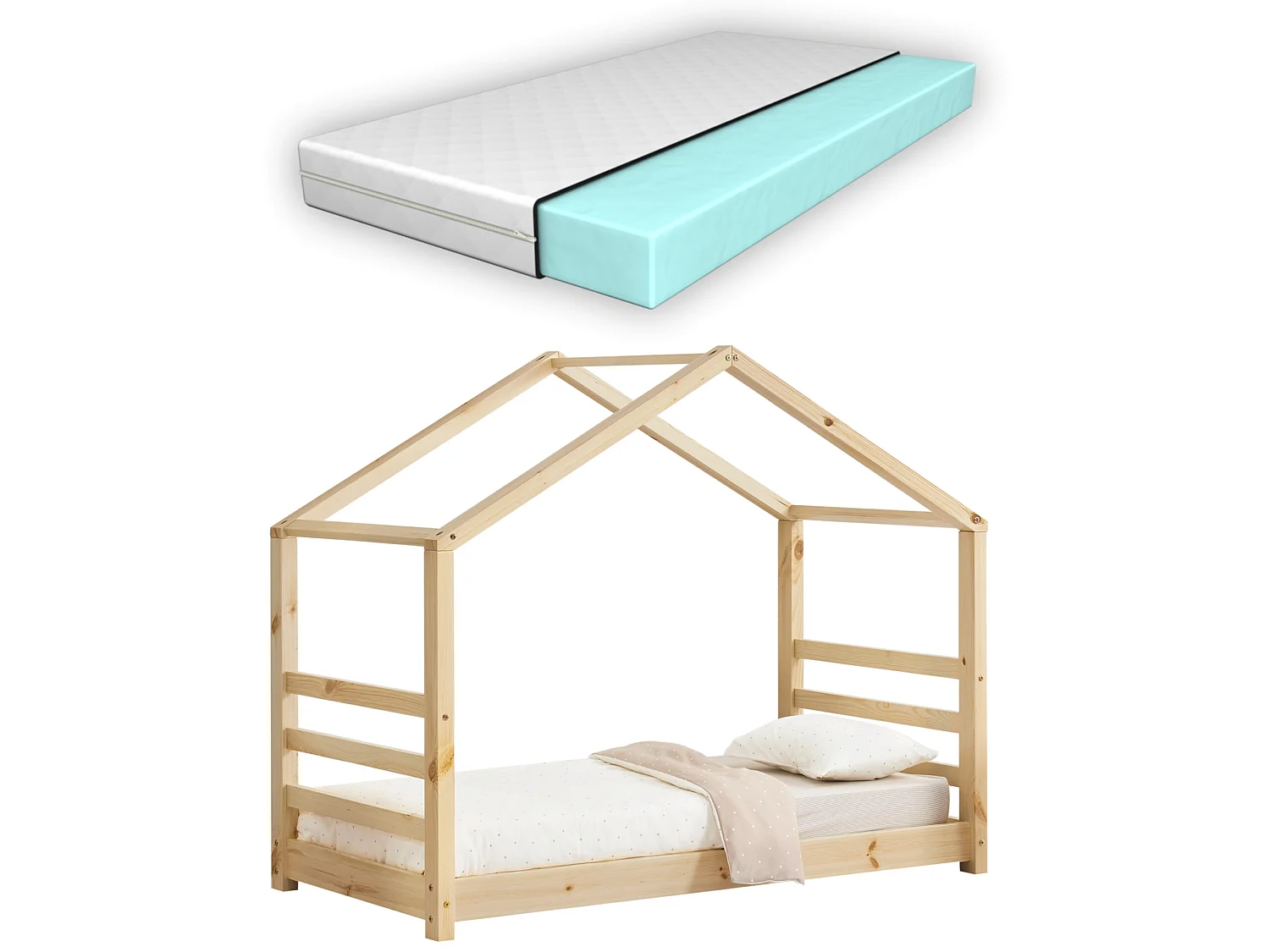 Lit Cabane Vardø Avec Grille Et Matelas Orthopédique 80 X 160 Cm Naturel