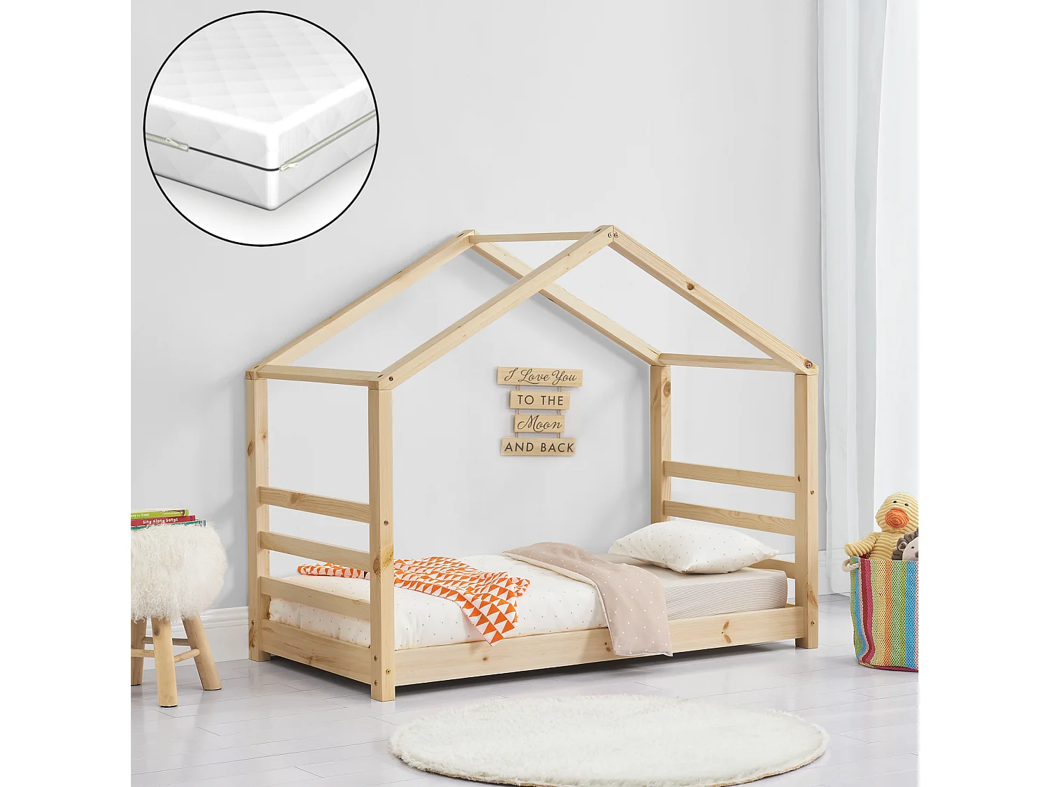 Lit Cabane Vardø Avec Grille Et Matelas Orthopédique 80 X 160 Cm Naturel