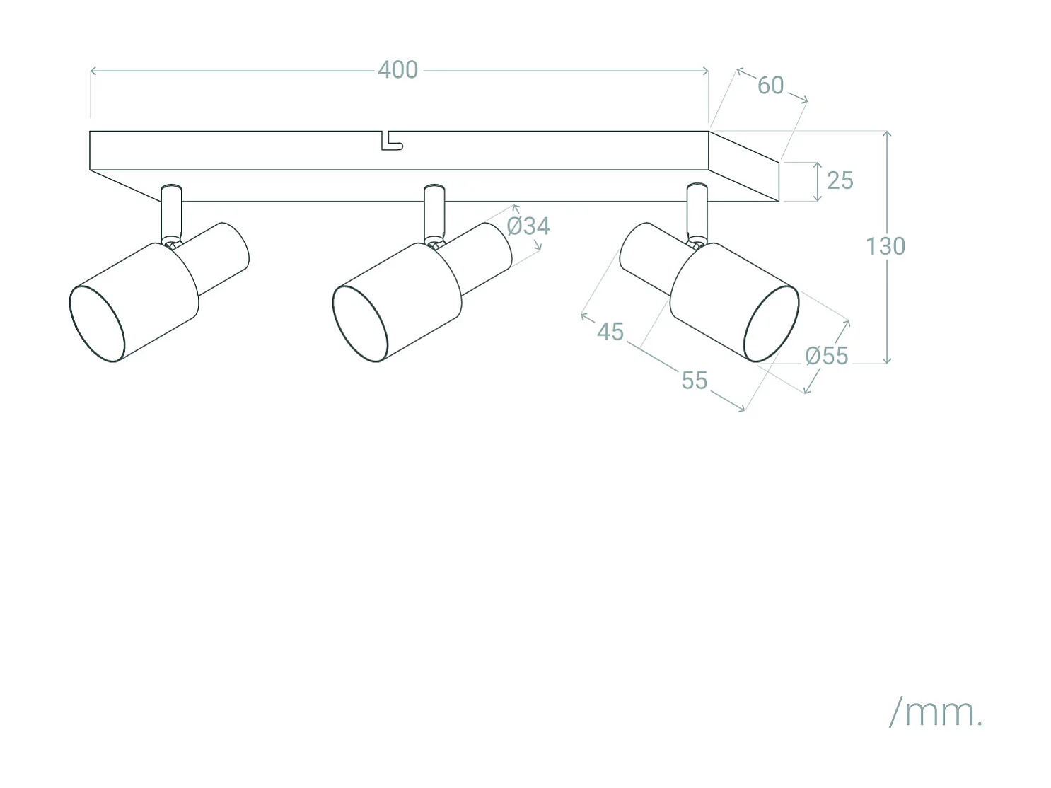 Applique Murale et de Plafond Orientable Métal 3 Spots Albus Black Rose Large Noir