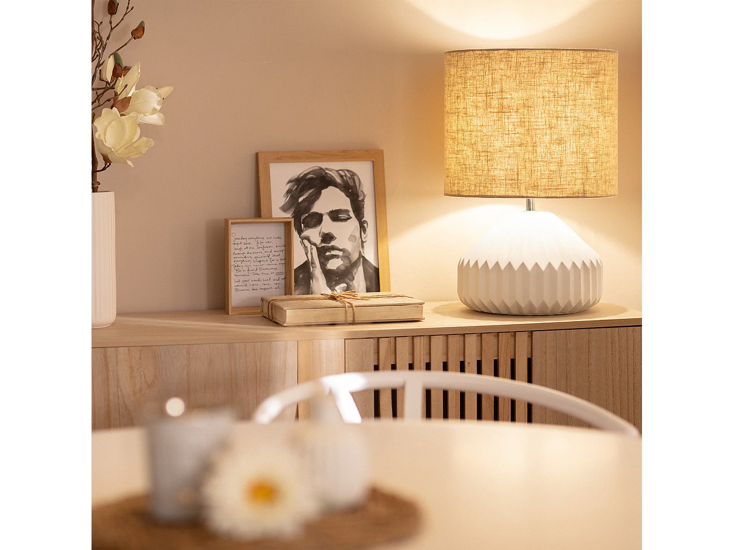 Lampada da Tavolo Porcellana e Tessuto Monduver Bianco