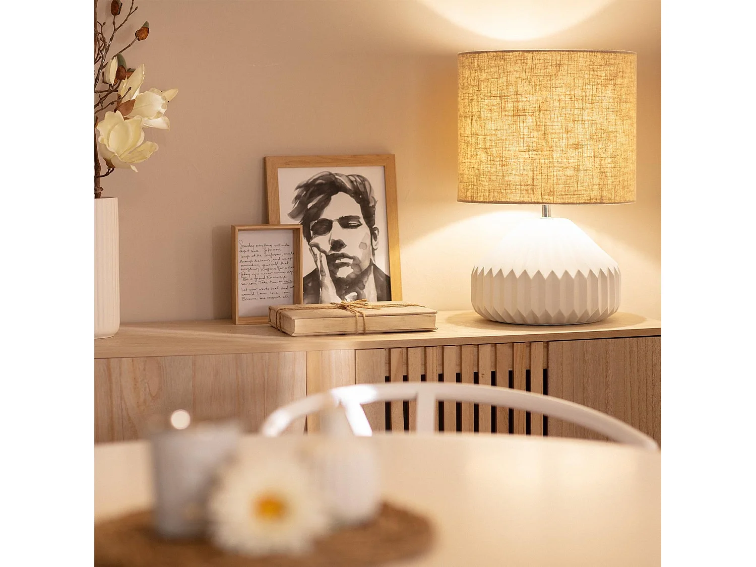 Lampada da Tavolo Porcellana e Tessuto Monduver Bianco